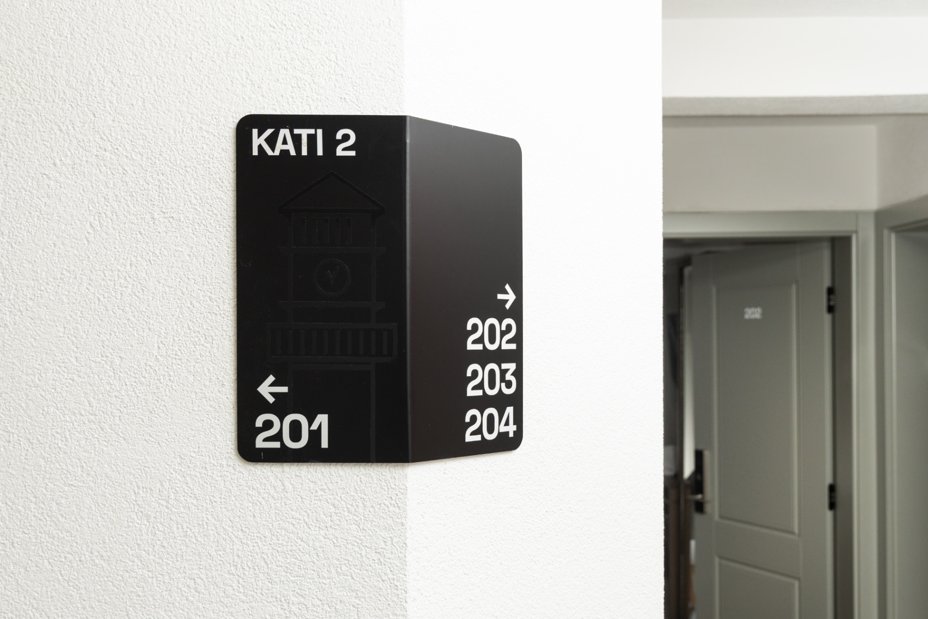 Second-floor directional signage inside the hotel